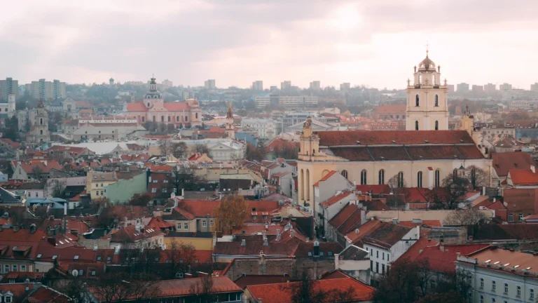 A panoramic view of the red-tiled rooftops and church spires of Vilnius Old Town under a soft, overcast sky.