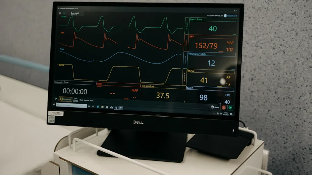A computer monitor displaying a colorful digital health dashboard with various graphs and heart rate metrics.
