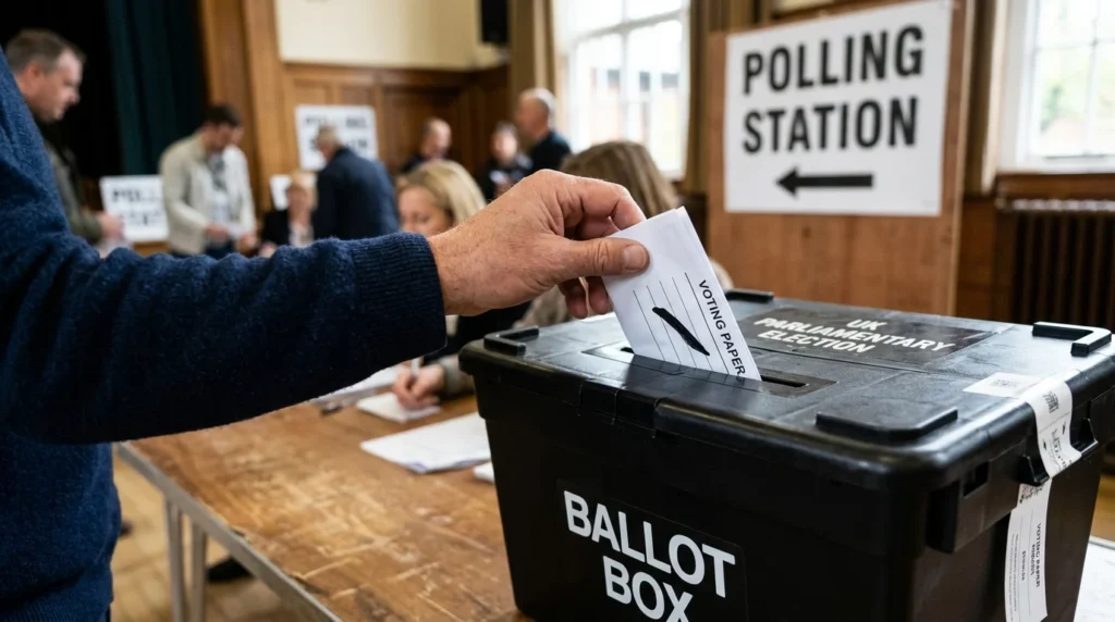 A person’s hand inserts a voting paper into a black ballot box at a polling station.