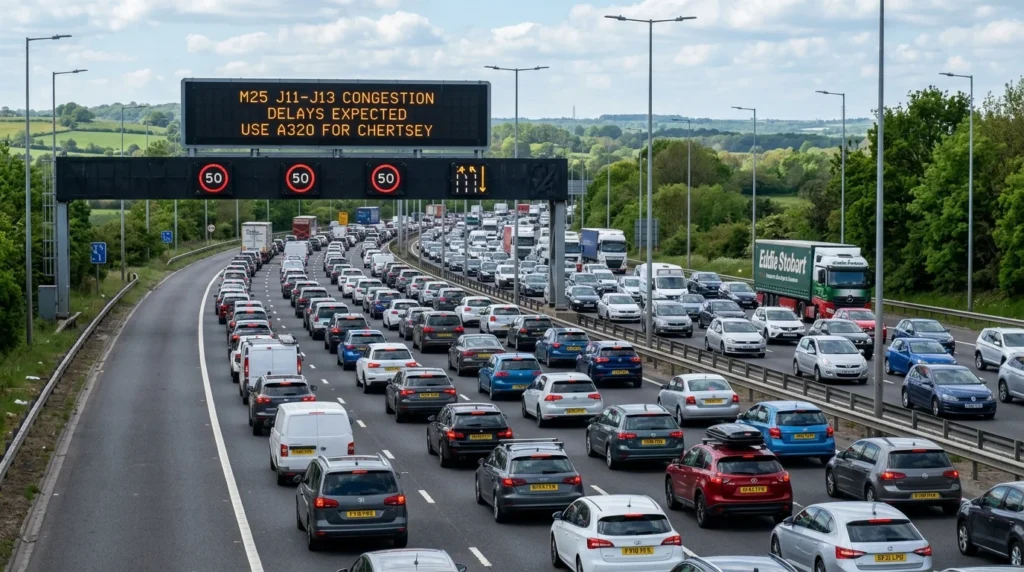 Heavy traffic congestion on the M25 motorway under a digital overhead gantry warning of delays.