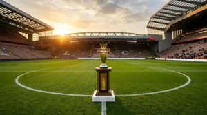 The Premier League trophy sits on a pedestal in the center of a football pitch at sunset.