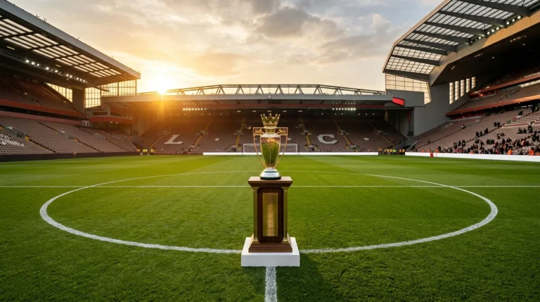 The Premier League trophy sits on a pedestal in the center of a football pitch at sunset.