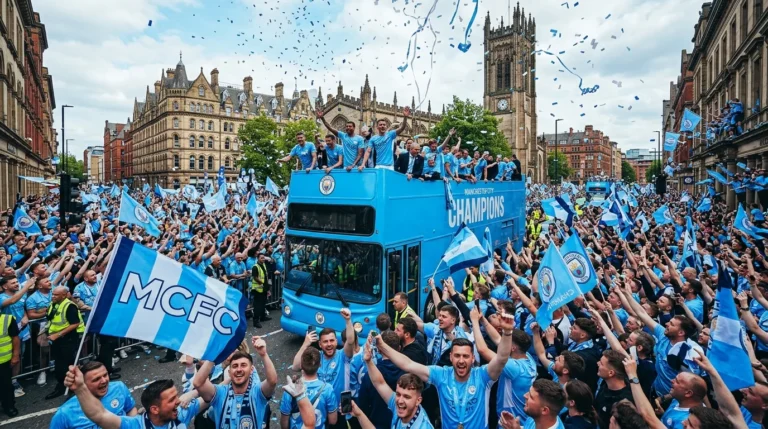 Manchester City players celebrate on a blue bus surrounded by cheering fans and falling confetti.