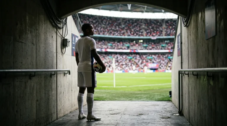 Football player in white kit stands in a tunnel looking out at a crowded stadium pitch.