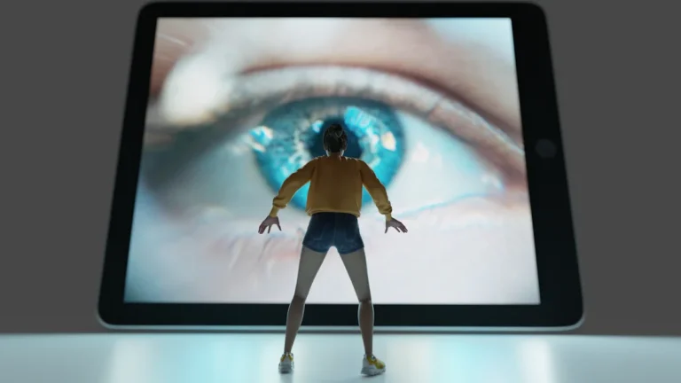 A young person stands defiantly in front of a giant digital tablet displaying a massive, watchful blue eye, representing the overwhelming presence of Big Tech.
