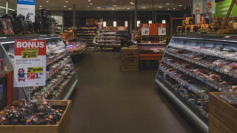 A wide-angle shot of a supermarket aisle with refrigerated display cases containing packaged food.