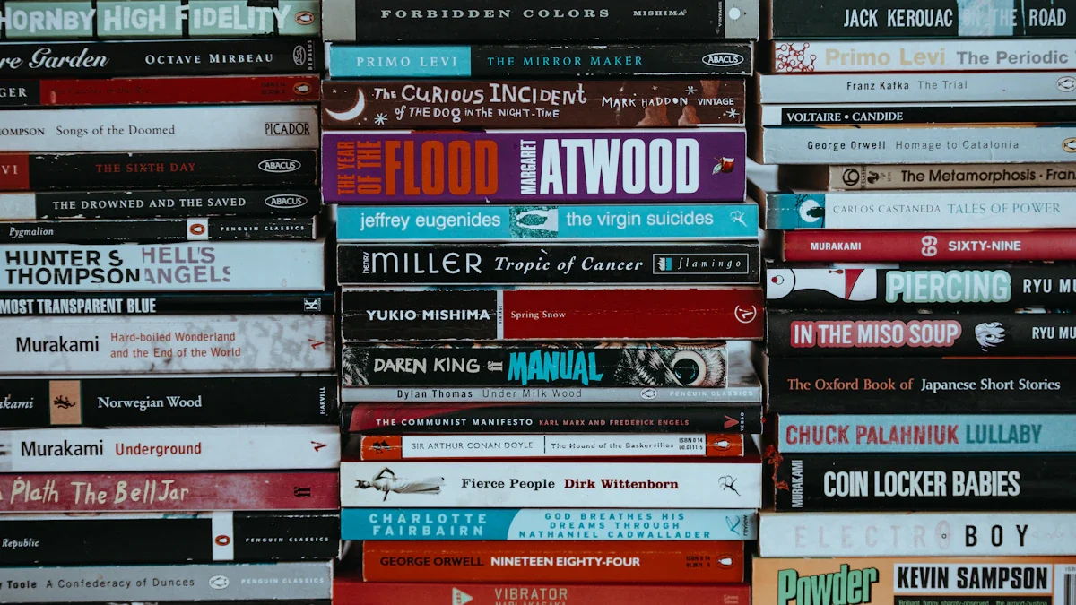A large collection of diverse books stacked neatly on a wooden surface.