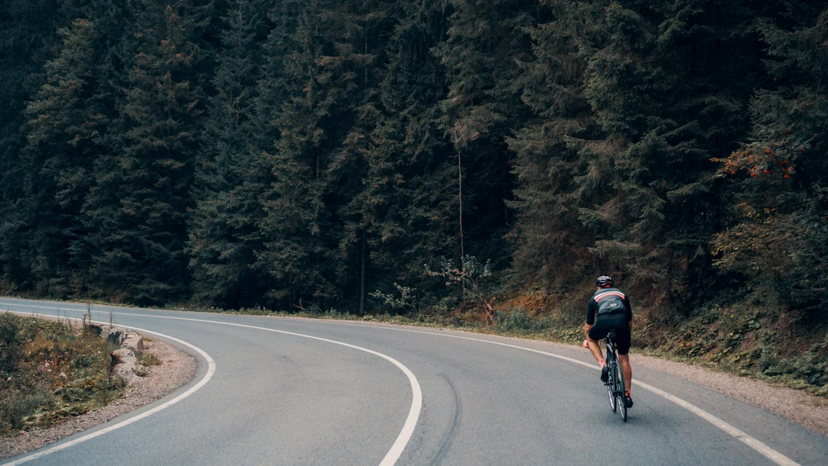 A cyclist on a road bike navigates a curving forest highway during a solitary training ride.