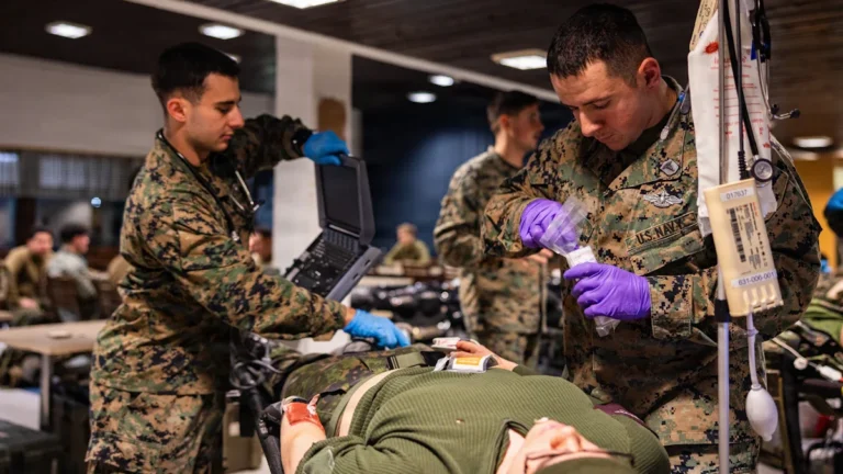 Military medics in camouflage uniforms perform life-saving procedures on a simulated casualty during an indoor tactical training session.