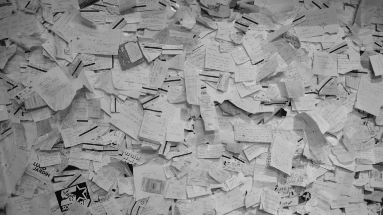 A dense accumulation of white paper slips and notes, suggesting the scale of a vote count.