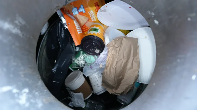 A top-down view into a waste bin filled with discarded paper plates, coffee cups, and food packaging, illustrating municipal waste.