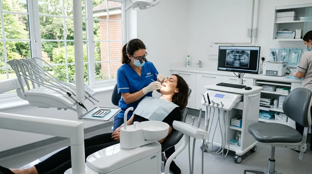 A dentist wearing surgical loupes examines a patient's teeth inside a bright, modern dental clinic.