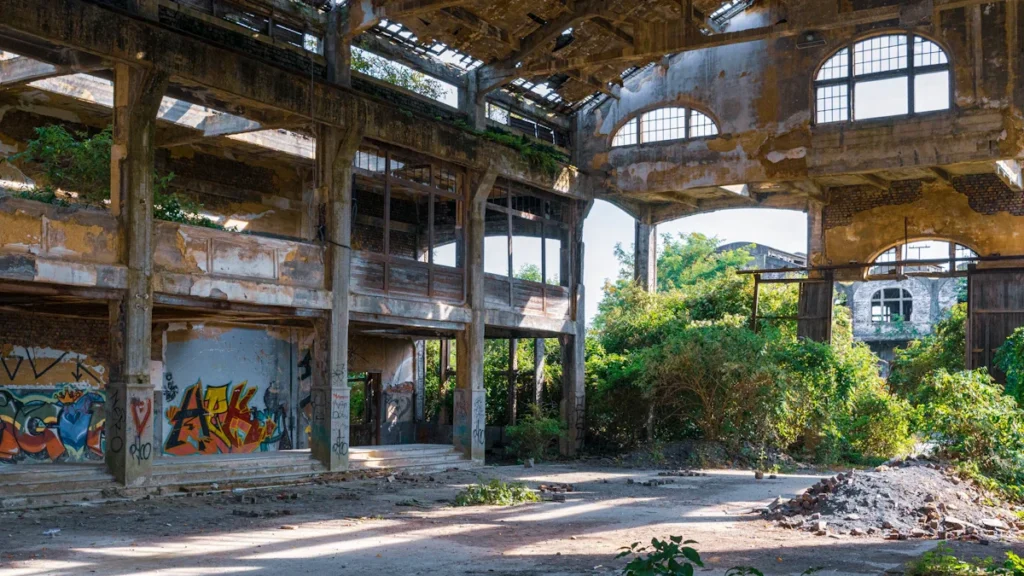 An abandoned, decaying industrial building with broken roof panels and graffiti on the walls.