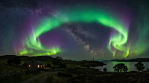 Vibrant green and purple aurora borealis arching over a coastal landscape with a lit stone cottage.