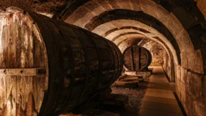 A historical man-made stone cave tunnel with large wooden barrels and a paved walkway.