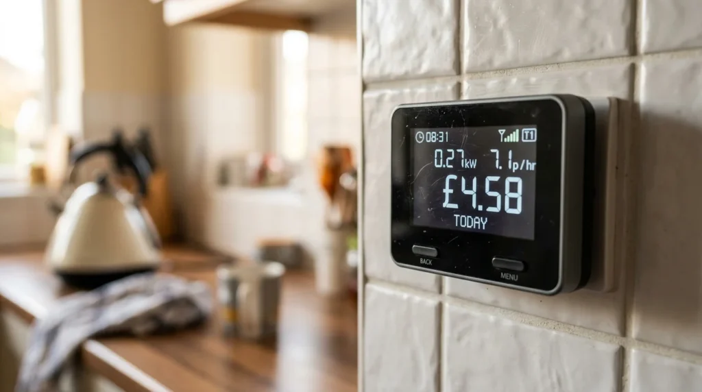 Digital smart meter display showing daily electricity costs mounted on a white tiled kitchen wall.