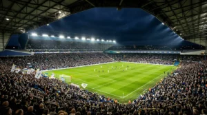 A packed football stadium at night with fans waving white flags and players on the pitch.