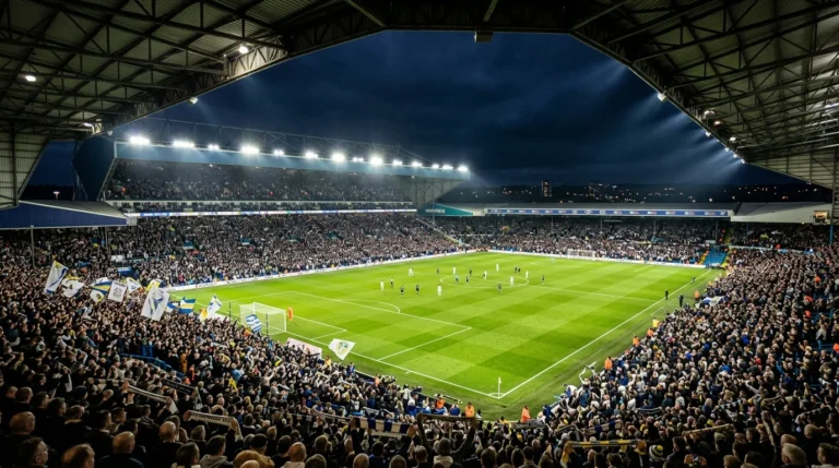 A packed football stadium at night with fans waving white flags and players on the pitch.