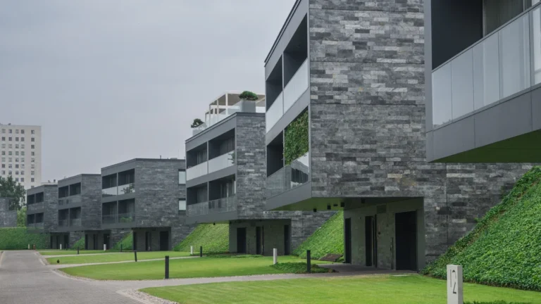 Modern multi-story apartment buildings with grey stone facades situated next to a landscaped green lawn.