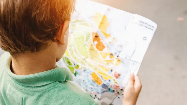 A young child wearing a green polo shirt holds and studies an activity map outdoors.