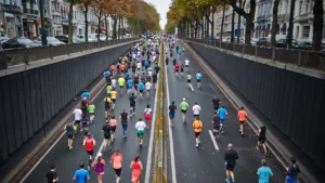 A large crowd of runners competes in a city marathon through a tree-lined urban underpass.