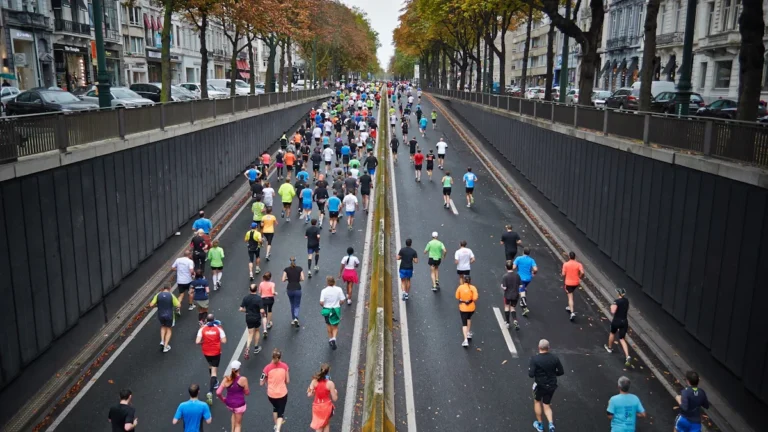 A large crowd of runners competes in a city marathon through a tree-lined urban underpass.
