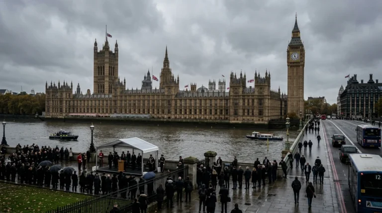 Houses of Parliament and Big Ben in London during a formal outdoor ceremony by the Thames.