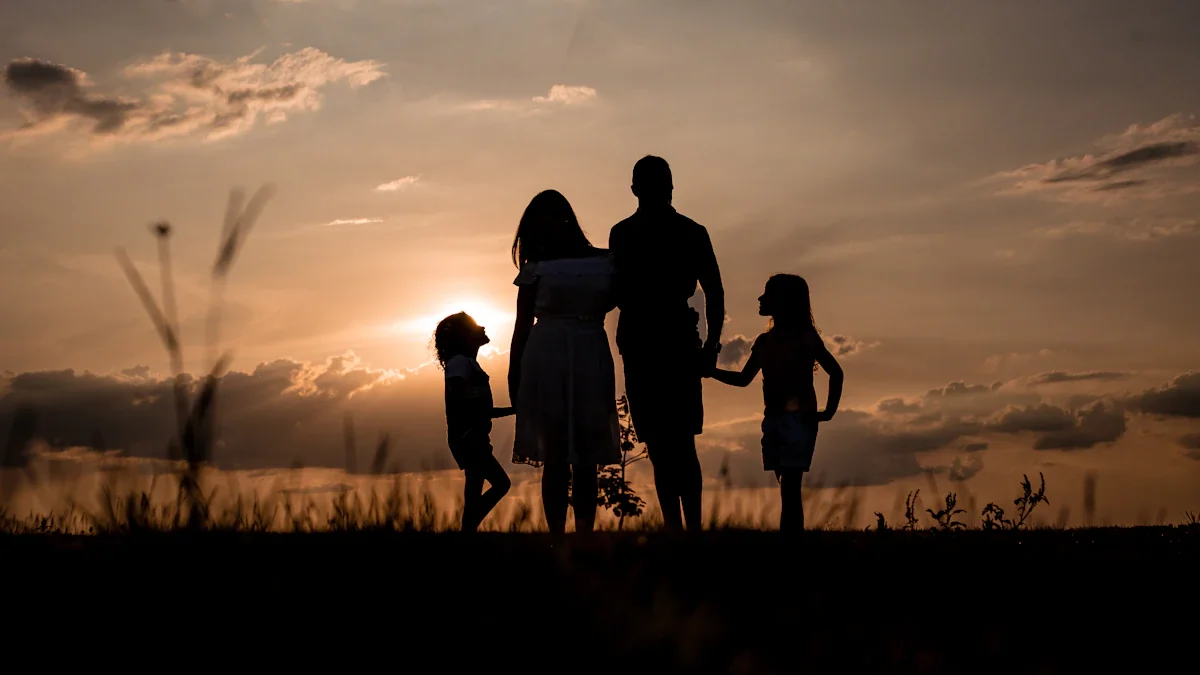 Silhouette of a family standing together in a field at sunset.