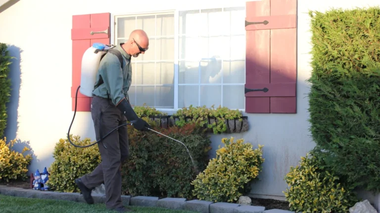 A professional pest control technician spraying the exterior of a residential home with a backpack sprayer.