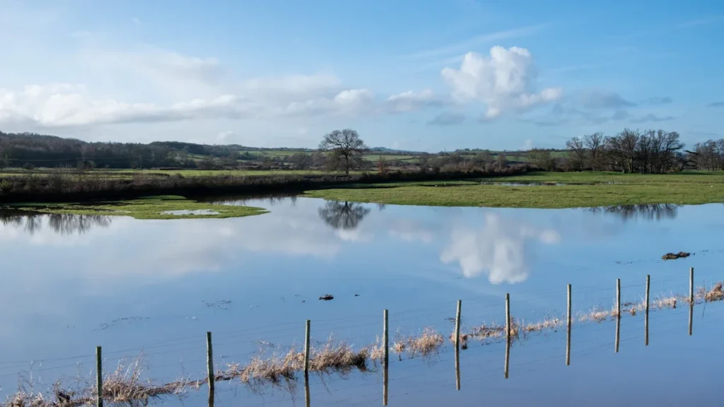 Flooded agricultural field in the UK countryside reflecting a bright blue sky.