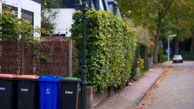 A row of recycling and waste bins lined up on a tidy residential street with fallen autumn leaves.