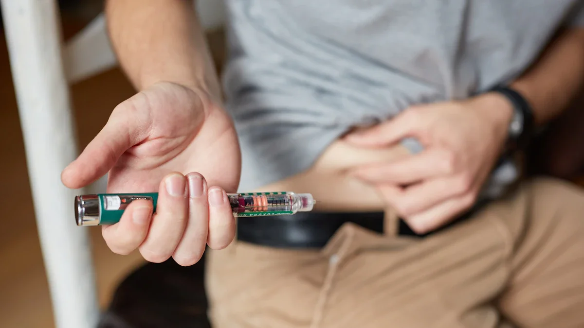 A close-up of a person using a medical injection pen on their abdomen.