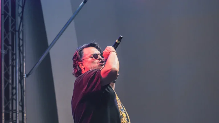A veteran male pop singer with sunglasses performs intensely on stage, evoking the persona of an established musical icon.