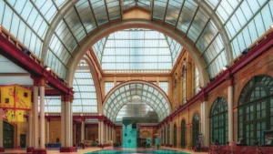 The spacious interior of the Great Hall at Alexandra Palace, prepared for a major event.