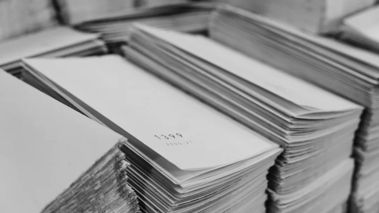 A black and white photograph showing multiple stacks of papers, symbolizing the ballot counting process for an election.