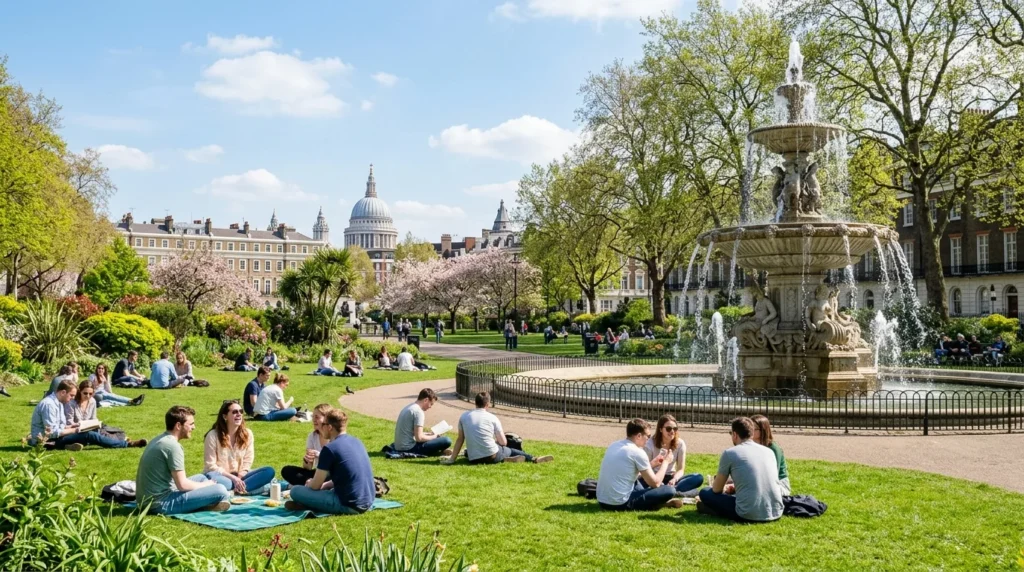 People sitting on a lush green lawn near an ornate stone fountain in a sunny city park.
