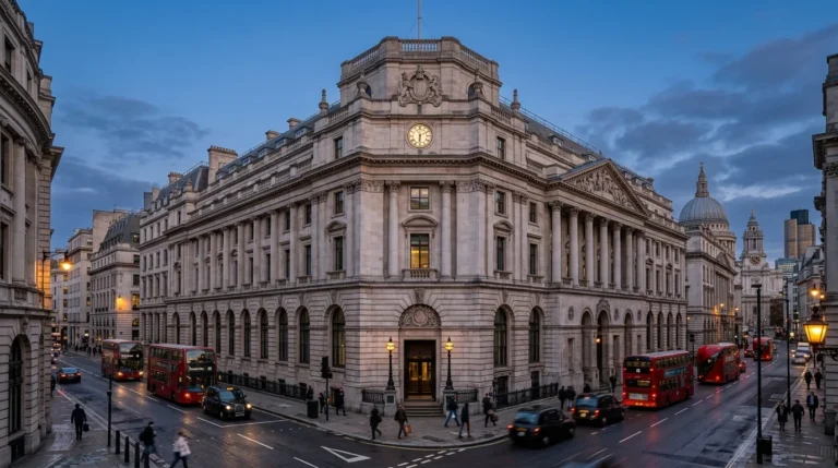 Neoclassical stone building in London with red buses and black taxis during evening twilight.