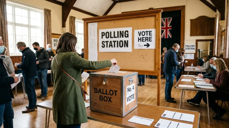 Woman in green coat inserts ballot into wooden box at a polling station with voters.