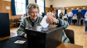 Elderly woman in a patterned sweater puts a paper ballot into a black voting box.