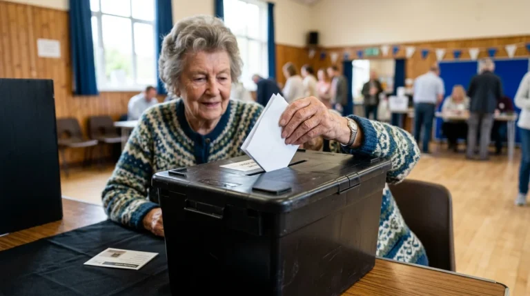 Elderly woman in a patterned sweater puts a paper ballot into a black voting box.