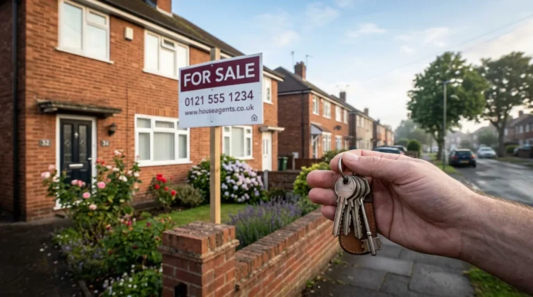 Hand holding keys in front of a brick house with a for sale sign.