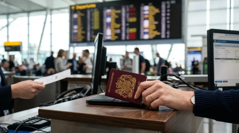 A hand holding a British passport at an airport counter with a blurred departures board background.