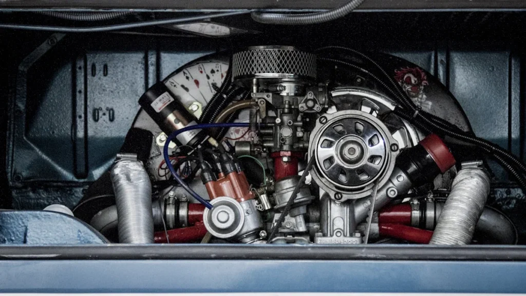 A detailed view inside a vehicle's engine bay showing the motor, electrical wiring, and cooling components.