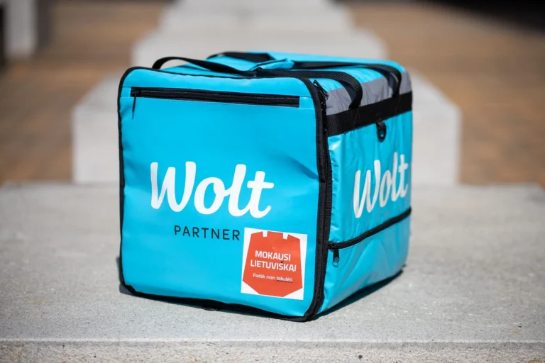 Light blue Wolt delivery thermal bag with a red sticker resting on a concrete surface.