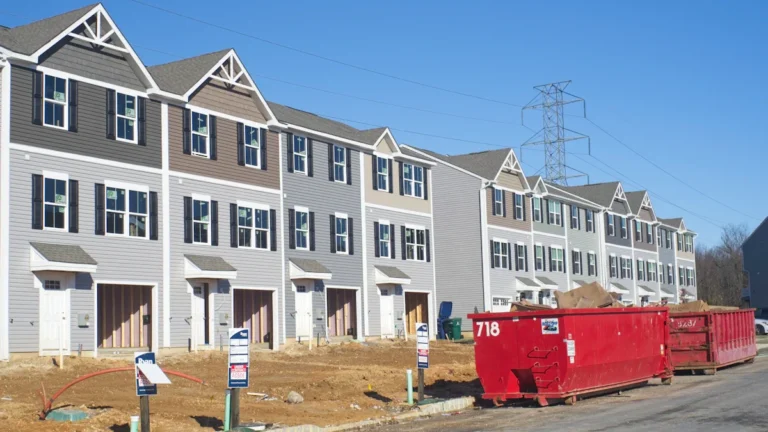A long row of multi-story townhouses under construction with a clear blue sky in the background.