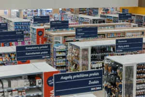 High-angle shot of organized supermarket aisles with blue overhead signs labeling various product categories.