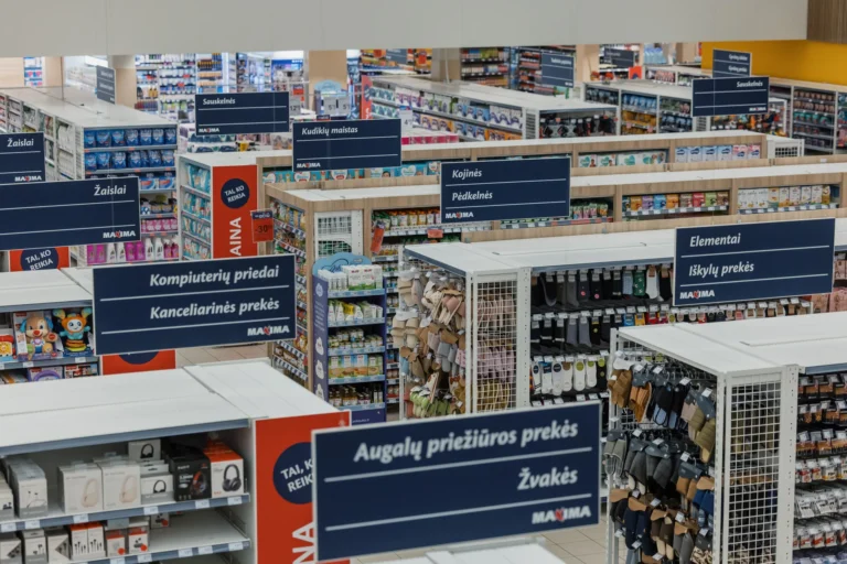 High-angle shot of organized supermarket aisles with blue overhead signs labeling various product categories.