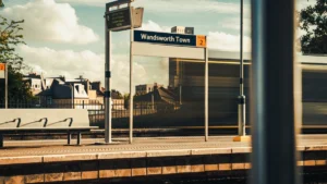 A train passing through the Wandsworth Town station platform under a clear sky in London.
