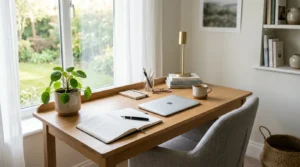 Wooden desk with laptop, open notebook, and green plant beside a sunlit garden window.