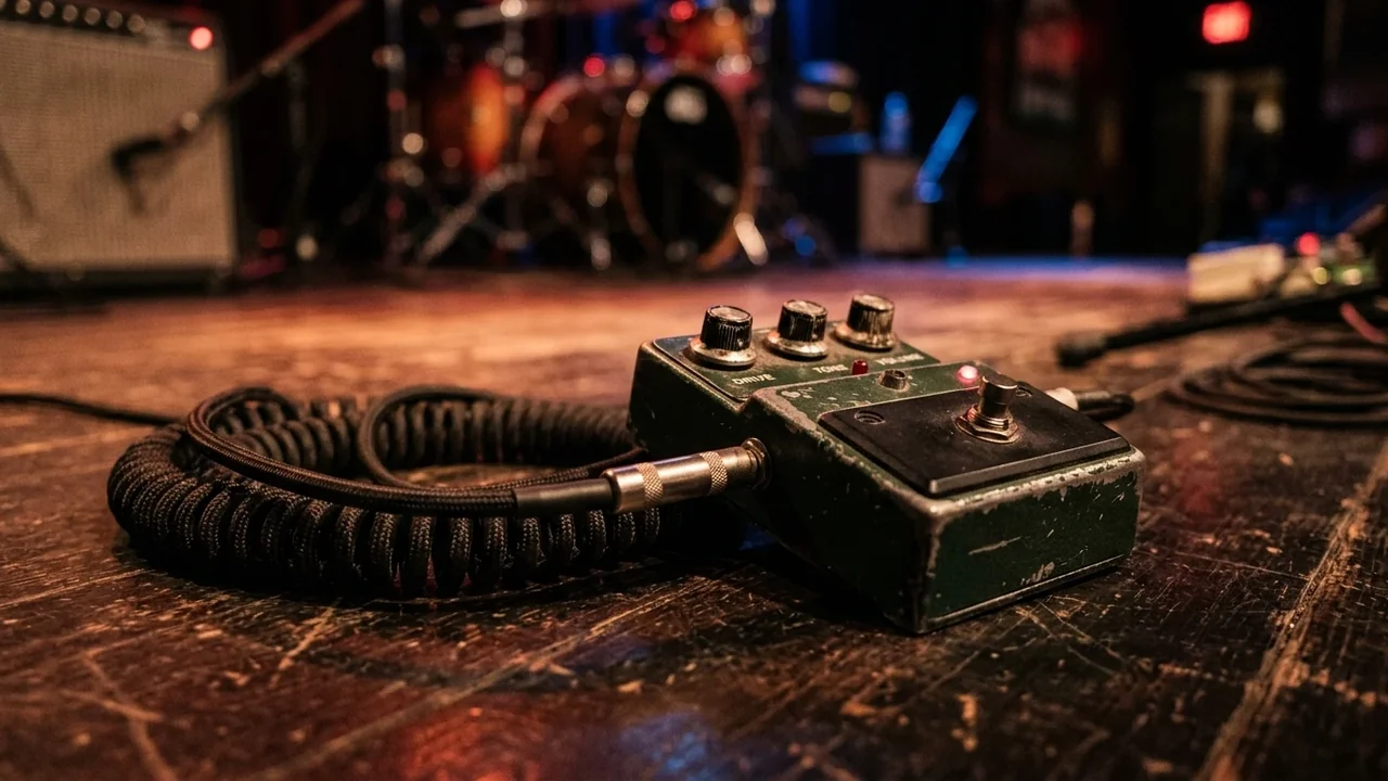 A worn green guitar distortion pedal sits on a dark wooden concert stage floor.